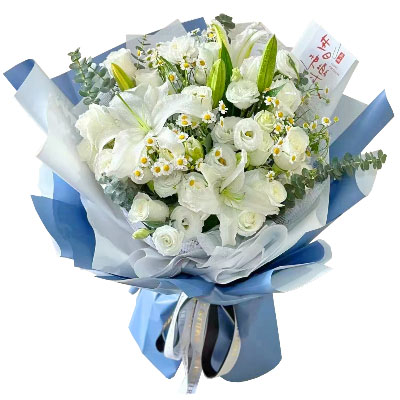 钦州11朵白玫瑰桔梗百合，爱永恒不息