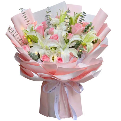 钦州16朵粉玫瑰百合,感情稳定坚固